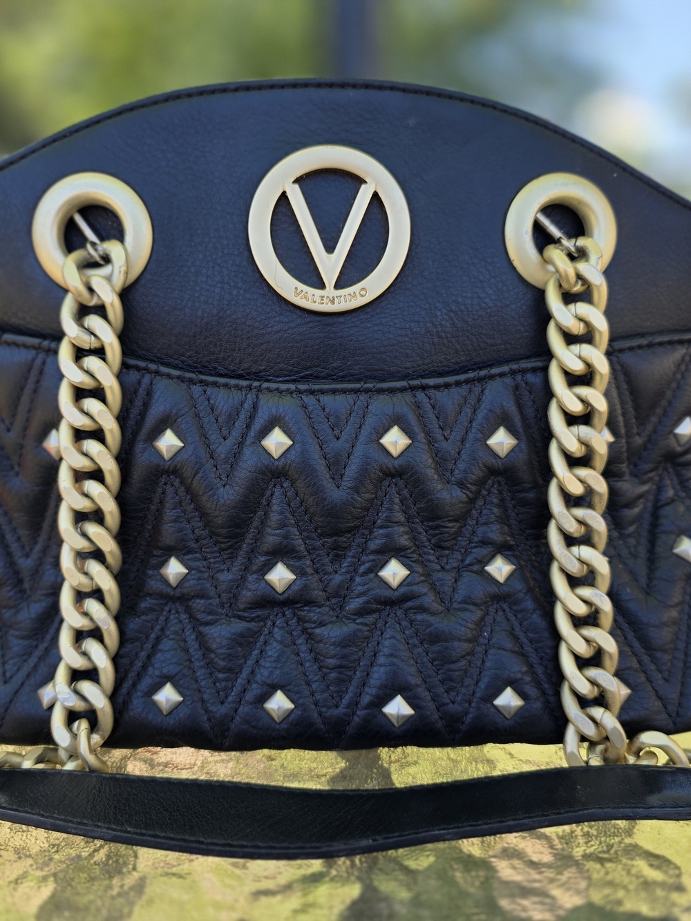 Valentino Black Quilted Leather Shoulder Bag with Gold Chain Detail